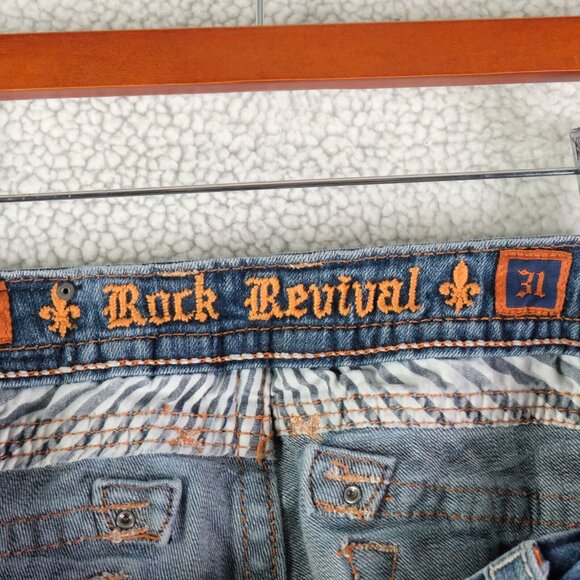 Rock Revival Jeans Mens 31x32  Straight Blue Stone Wash Whiskers Rhinestones - Picture 9 of 13